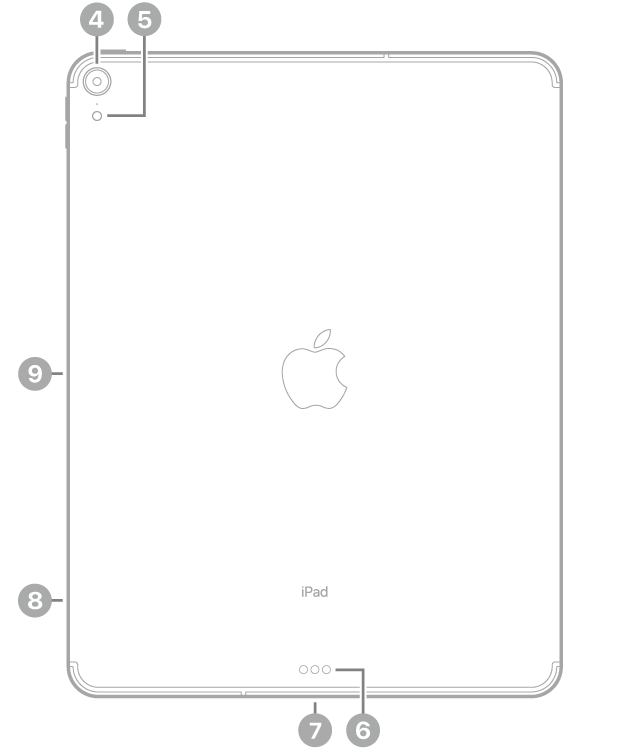 Vista posterior del iPad Pro con textos sobre la cámara trasera y el flash en la parte superior izquierda, el Smart Connector y el conector USB-C en la parte inferior central, la bandeja de la tarjeta SIM (Wi-Fi + Cellular) abajo a la izquierda y el conector magnético para el Apple Pencil a la izquierda.