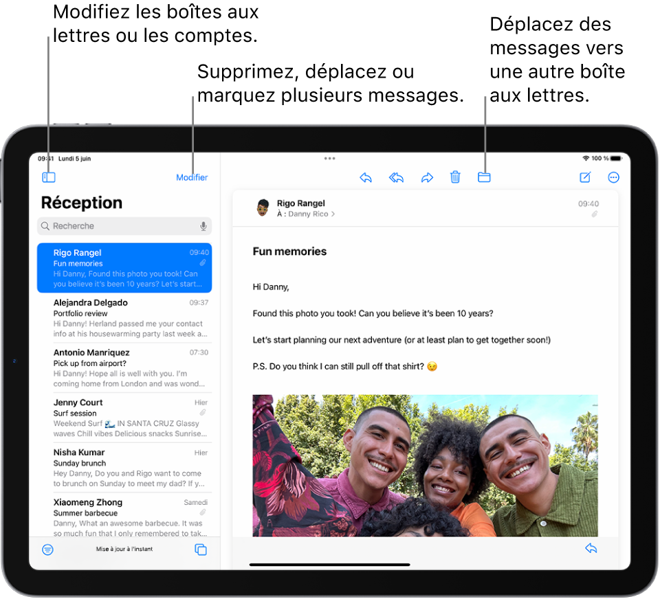 La boîte de réception de Mail avec la liste des e-mails sur la gauche et un e-mail ouvert sur la droite.