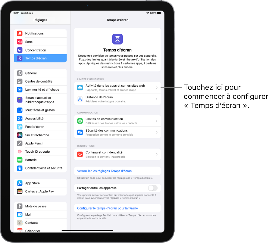 L’écran pour configurer « Temps d’écran » montrant que vous devez toucher « Activité dans les apps et sur les sites web » pour commencer.