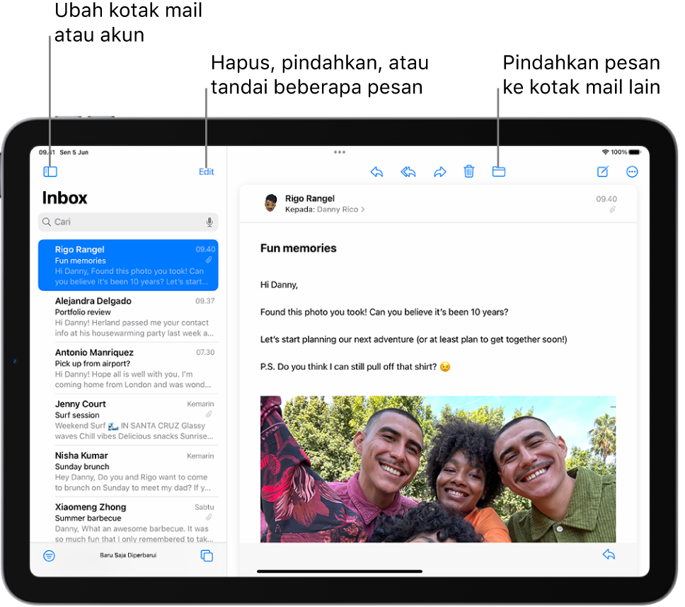 Inbox Mail dengan daftar email di sebelah kiri dan email yang terbuka di sebelah kanan.