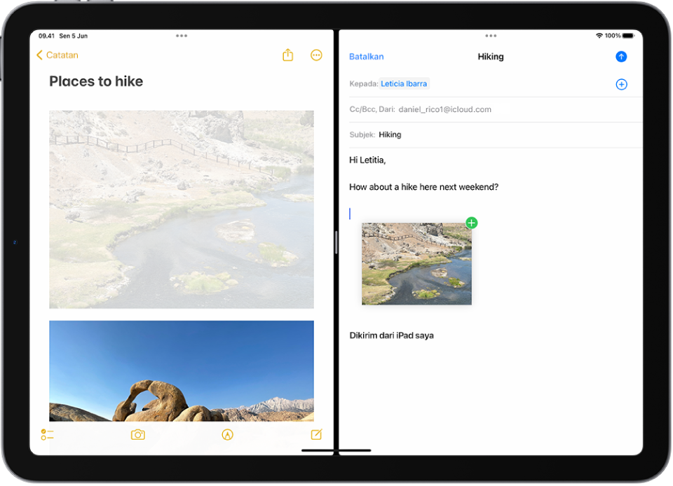 Split View dengan Catatan dibuka di sisi kiri dan email dibuka di sisi kanan. Foto dari Catatan diseret ke dalam email.