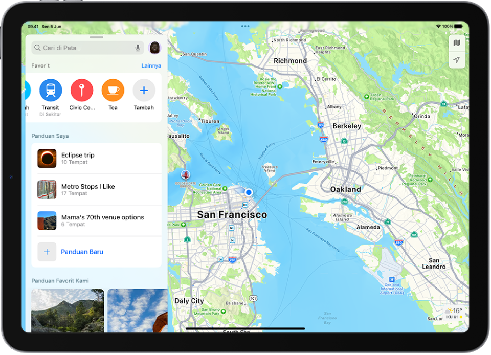 Kartu pencarian Peta menampilkan beberapa favorit di dekat bagian atas.