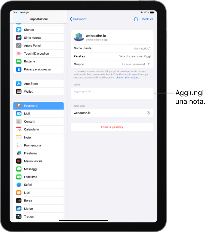 Le impostazioni Password che mostrano informazioni per una passkey e un campo per inserire una nota.
