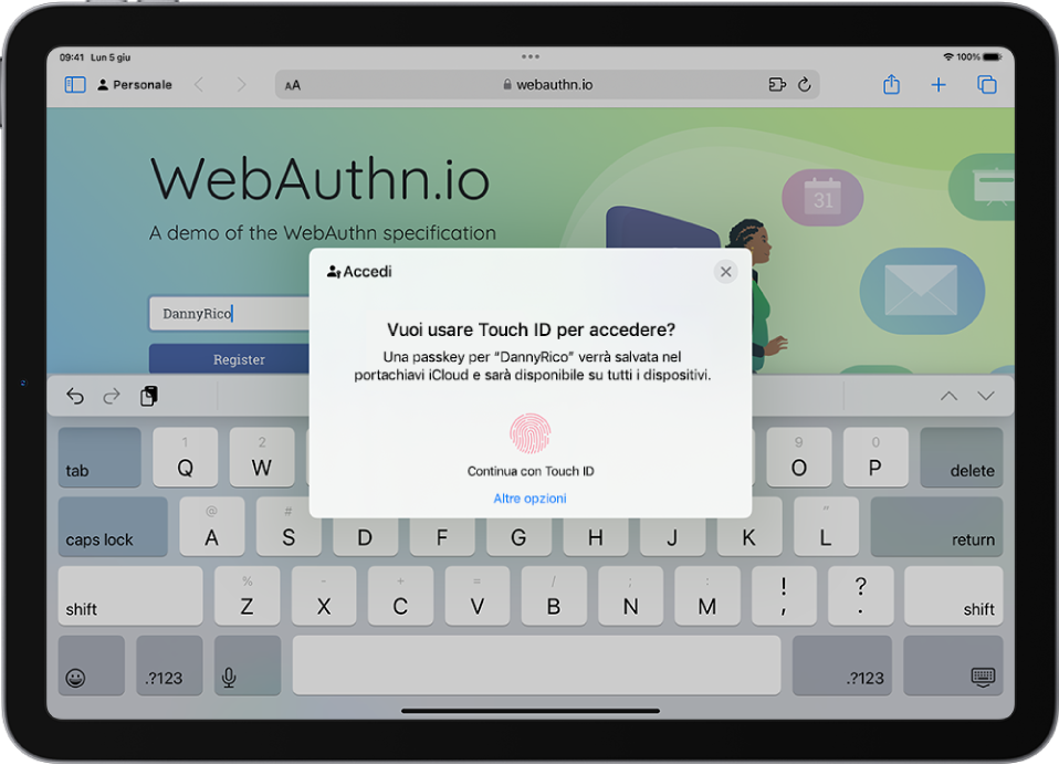 Un sito web aperto in Safari. Una finestra di dialogo mostra opzioni per utilizzare una passkey per accedere al sito web o per utilizzare altre opzioni.