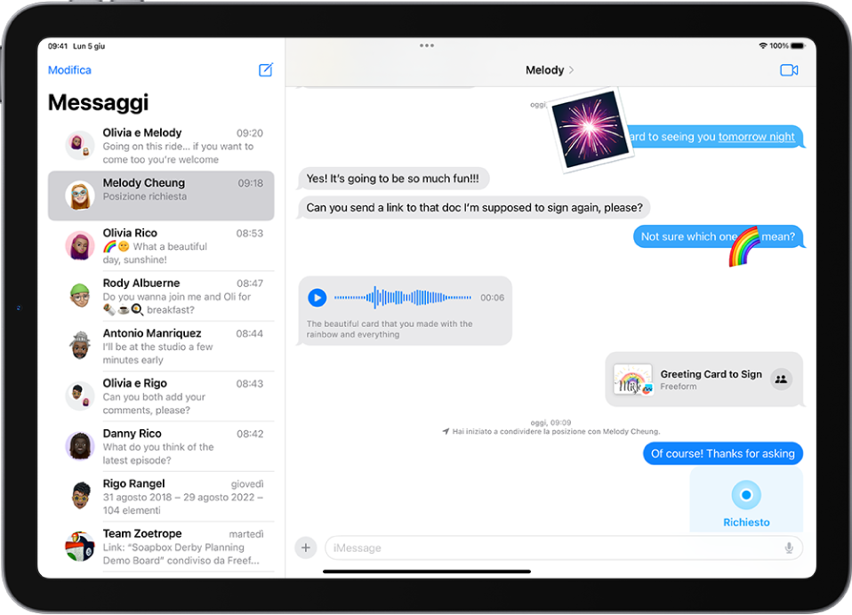 Una conversazione di Messaggi che mostra le funzionalità di iMessage.