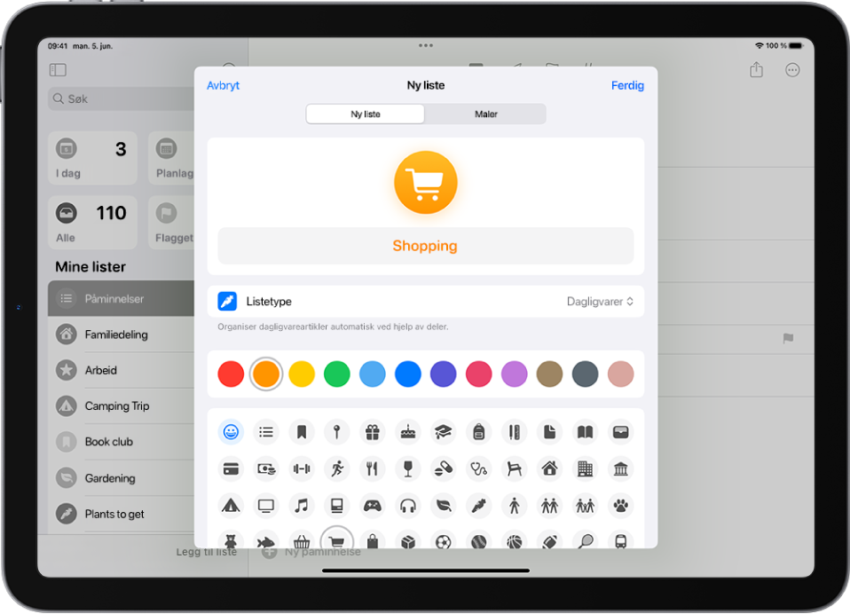 Skjermen for å opprette en ny liste i Påminnelser. Du kan tilpasse navnet, listetypen, fargen og symbolet.