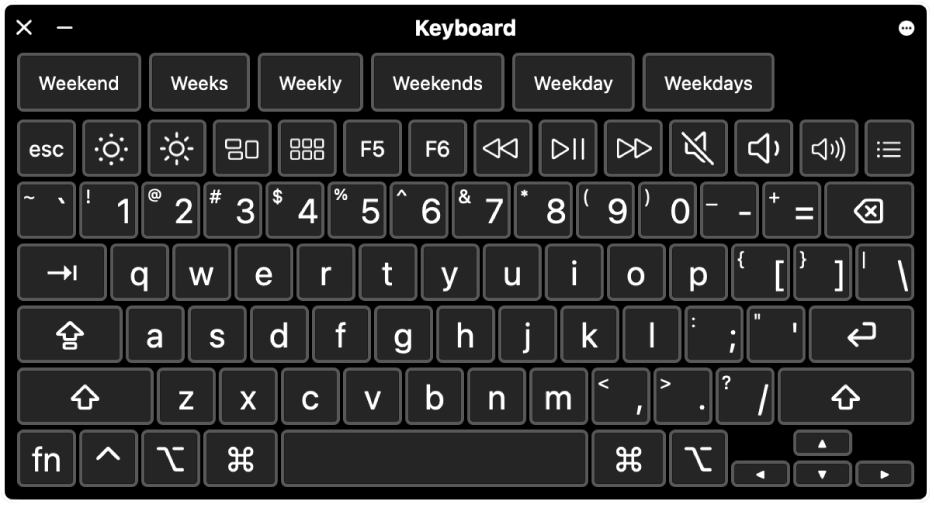 The Accessibility Keyboard with typing suggestions across the top. Below is a row of buttons for system controls to do things like adjust display brightness, show the Touch Bar onscreen and show custom panels.