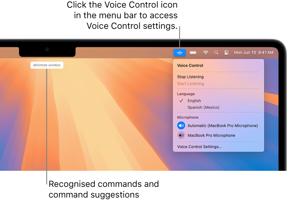 The last command recognised by Voice Control is shown at the top of the desktop. To the right, the Voice Control icon is shown in the menu bar and the Voice Control menu is open.