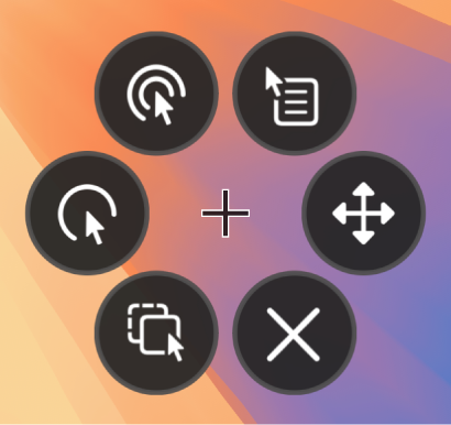 The circular Options menu, whose buttons include, from the top right and moving clockwise, Right Click, Scroll Menu, Close, Drag and Drop, Left Click and Double Click.