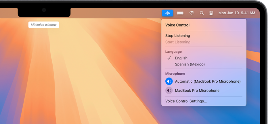 The last command recognised by Voice Control is shown at the top of the desktop. To the right, the Voice Control icon is shown in the menu bar and the Voice Control menu is open.