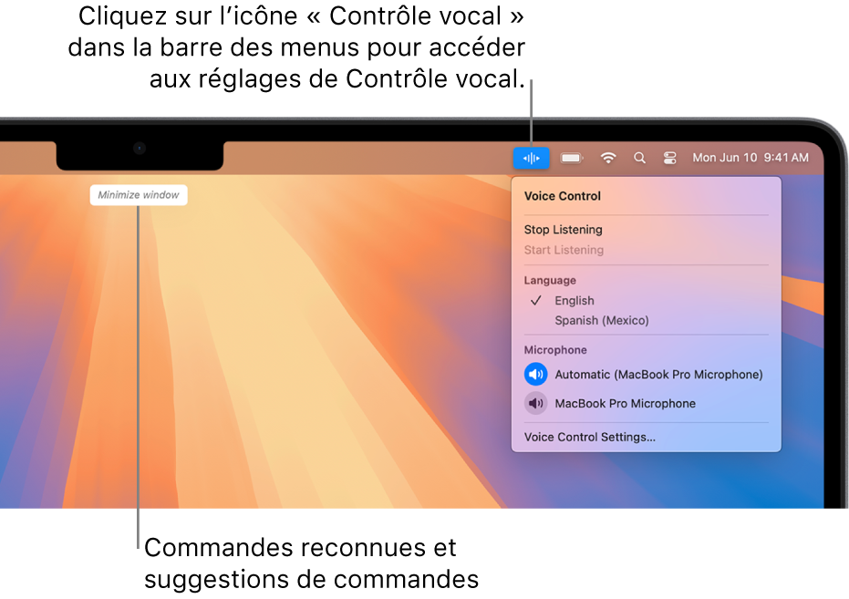 La dernière commande reconnue par Contrôle vocal s’affiche en haut du bureau. À droite, l’icône de Contrôle vocal apparaît dans la barre des menus et le menu Contrôle vocal est ouvert.