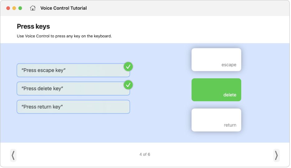 Il tutorial di “Controllo vocale” con una lezione interattiva su come utilizzare la funzionalità per premere i tasti sulla tastiera.