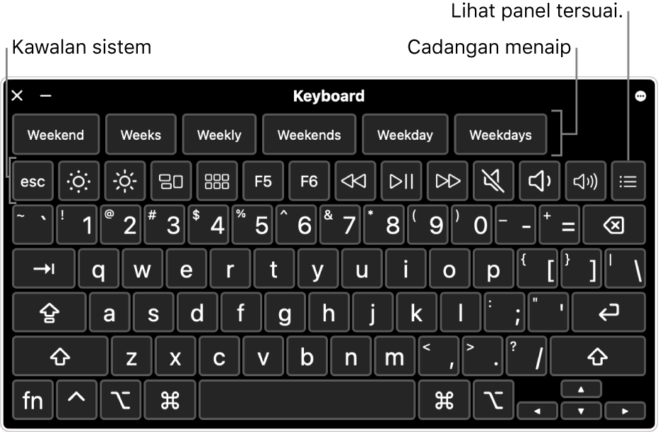 Papan Kekunci Kebolehcapaian dengan cadangan menaip merentasi bahagian atas. Di bawah adalah baris butang sistem kawalan untuk membuat perkara seperti melaraskan paparan dan menunjukkan panel tersuai.