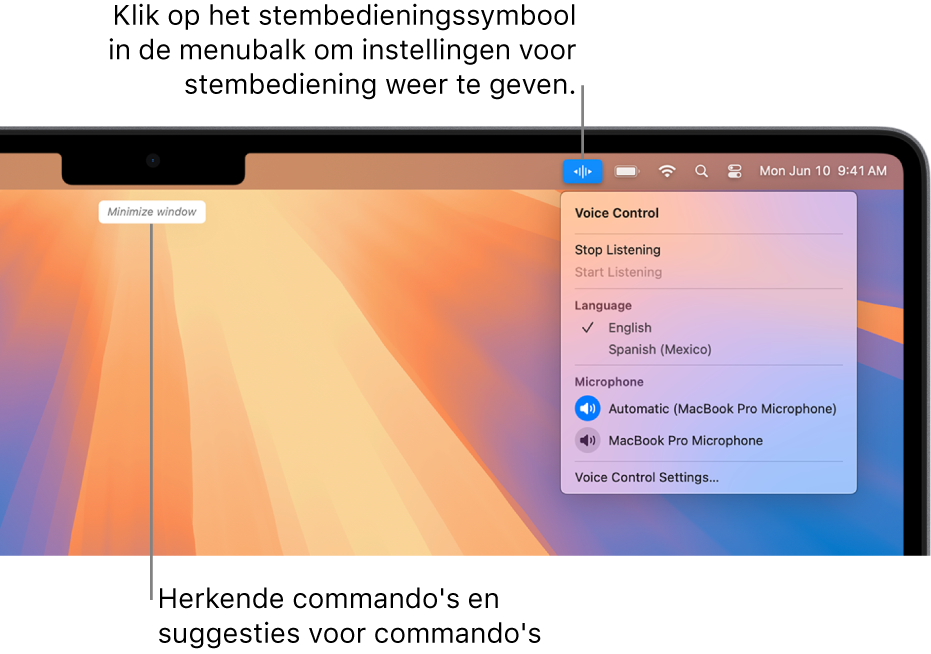 Het laatste door stembediening herkende commando wordt boven aan het bureaublad getoond. Aan de rechterkant wordt het symbool van stembediening in de menubalk getoond en het menu van stembediening is geopend.