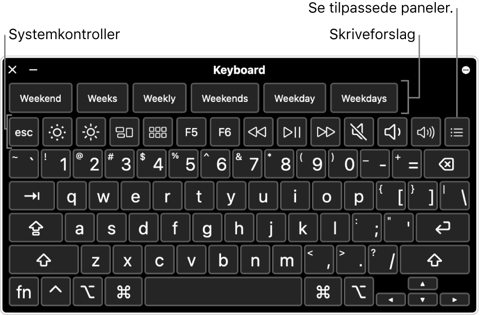 Tilgjengelighetstastaturet med skriveforslag øverst. Nedenfor er en rad med knapper for systemkontroller som kan utføre ting som å justere lysstyrken på skjermen, og vise tilpassede paneler.