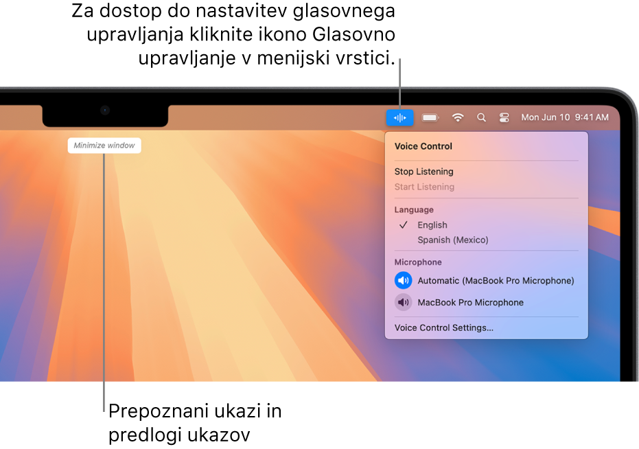 Zadnji ukaz, ki ga je prepoznala funkcija Glasovno upravljanje, je prikazan na vrhu namizja. Na desni je v menijski vrstici prikazana ikona za glasovno upravljanje in odprt je meni Glasovno upravljanje.