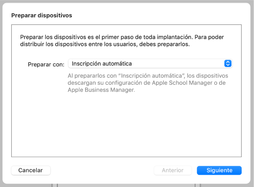 El cuadro de diálogo “Preparar dispositivos” que el asistente de preparación utiliza para automatizar la inscripción en una solución MDM.