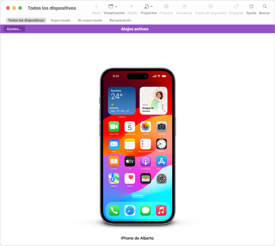 Una ventana de Apple Configurator muestra activos los atajos conectar/desconectar; en el centro de la ventana está la pantalla de un iPhone.