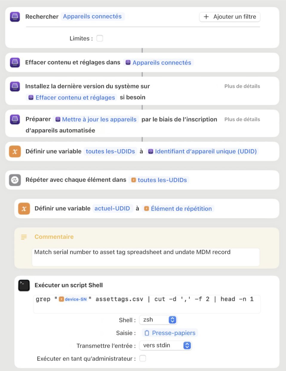 Exemple d’un raccourci Apple Configurator montrant différentes actions, notamment des variables et des scripts shell.