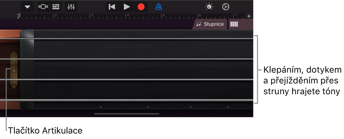 Zobrazení tónů na dotykovém nástroji Smyčce