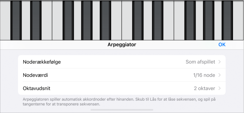 Keyboard-betjeningsmuligheder til arpeggiatorfunktion