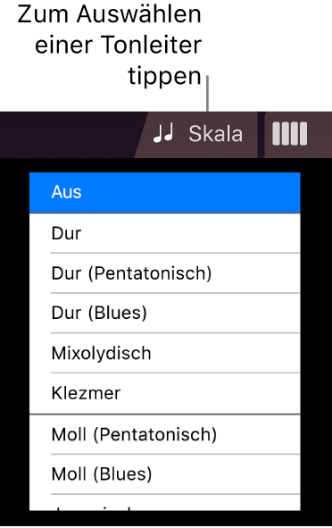 Taste „Skala“ und Tonskalenliste für Saiteninstrumente