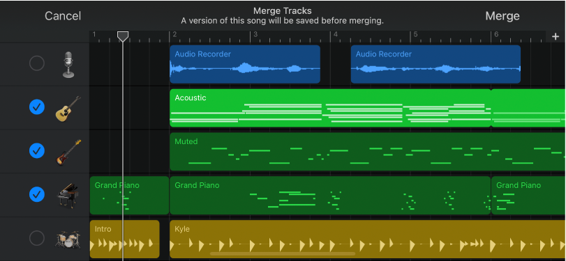 Track headers showing Merge Track circles