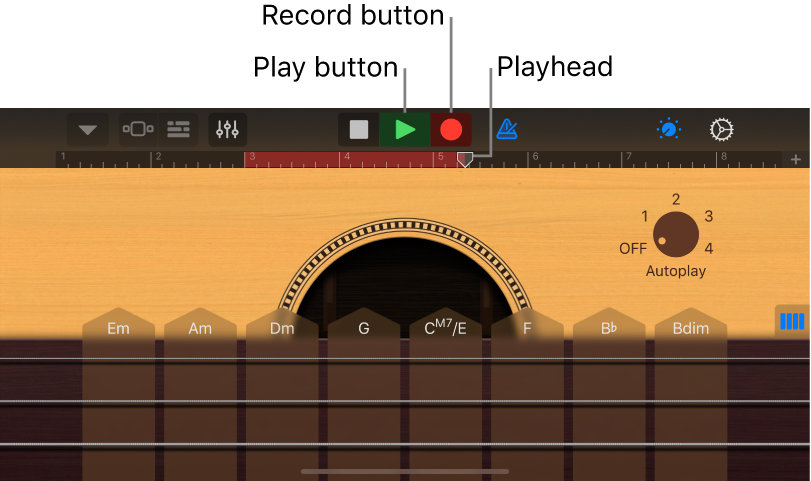 Record button and ruler showing recorded region