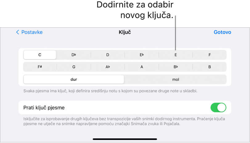 Kontrole tonaliteta u postavkama pjesme