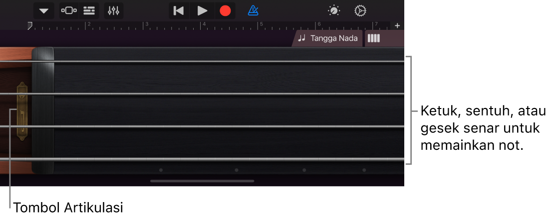 Tampilan catatan pada Instrumen Sentuh Senar