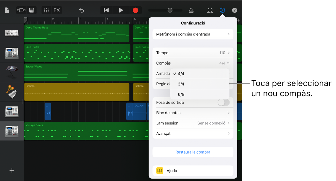 Configuració de cançó, inclosos els controls de compàs