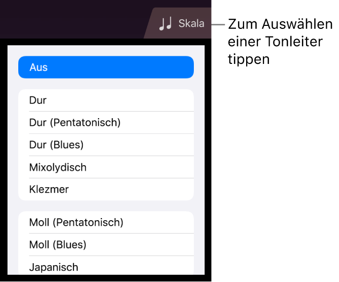 Taste „Skala“ und Tonskalenliste für Saiteninstrumente