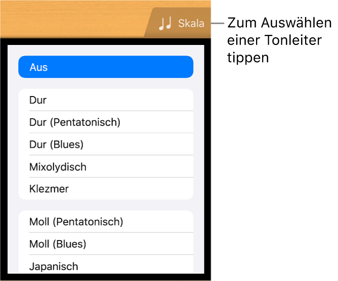 Taste „Skala“ und Tonskalenliste für die Gitarre