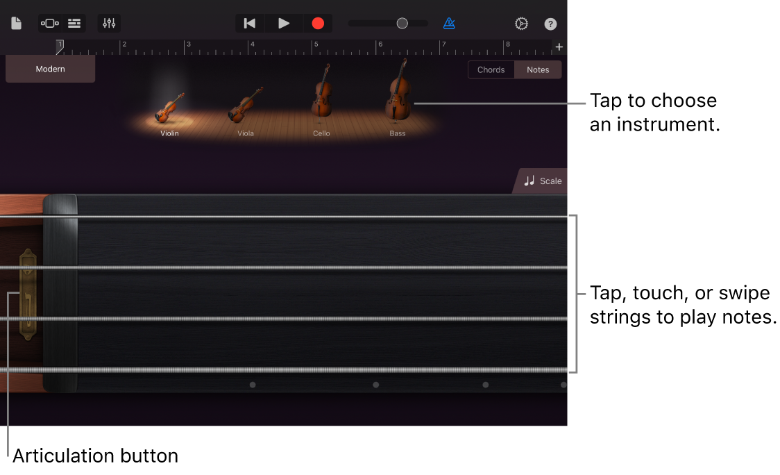 Notes view on the Strings Touch Instrument