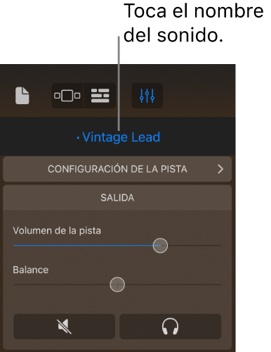 Figura. El nombre del sonido actual arriba de los controles de pista.
