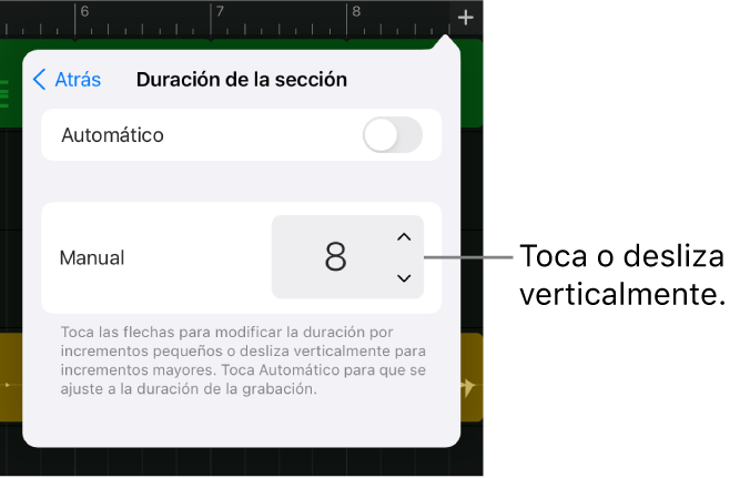 Controles para cambiar la duración de una sección de canción