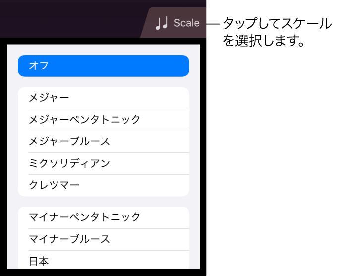 Stringsの「Scale」ボタンとスケールリスト