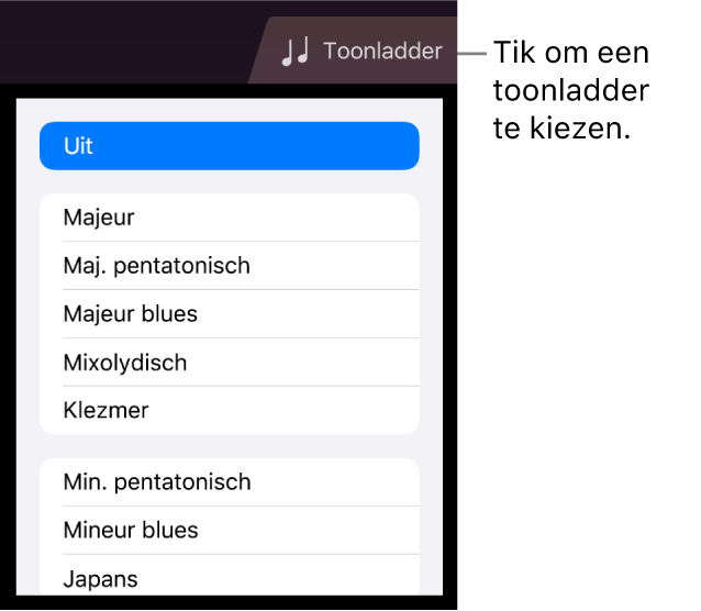 Knop 'Toonladder' en toonladderlijst voor de snaarinstrumenten