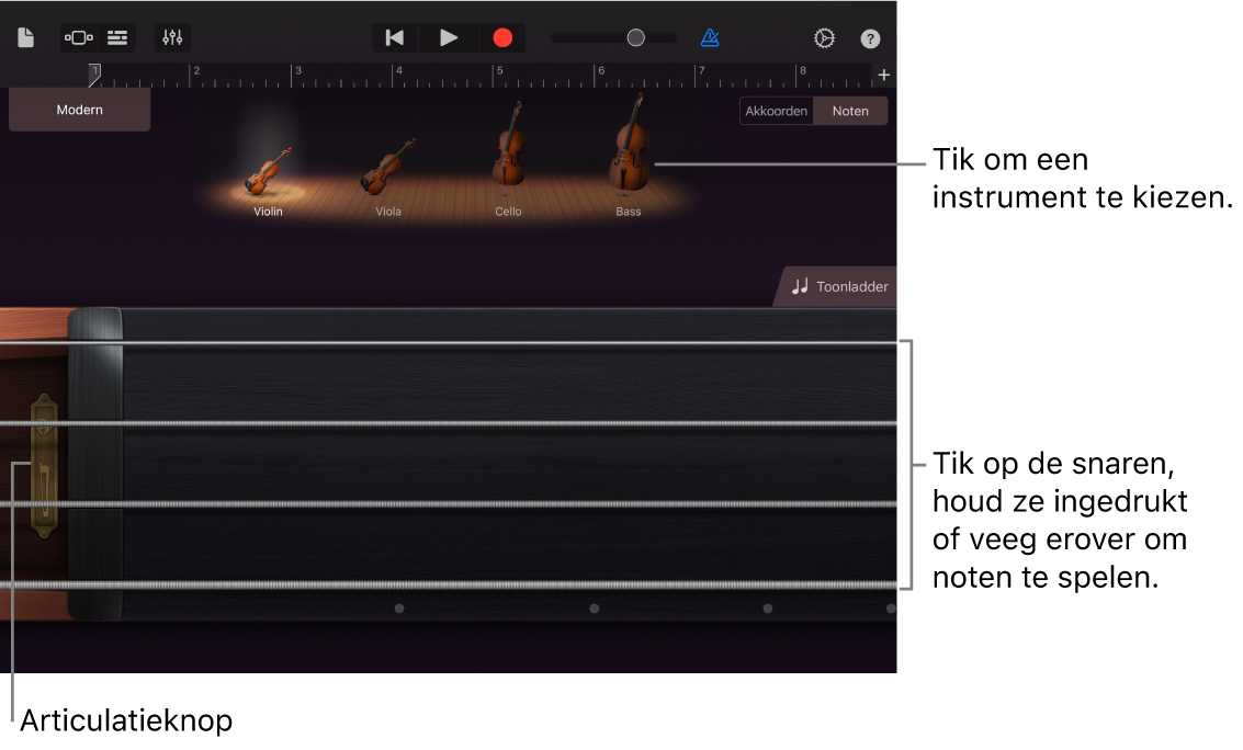 Notenweergave op het Touch-instrument Snaarinstrumenten