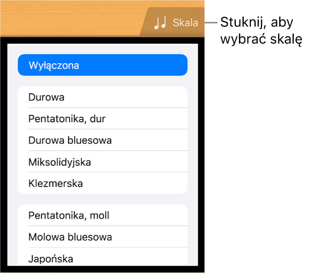 Przycisk skali instrumentu Gitary oraz lista skal