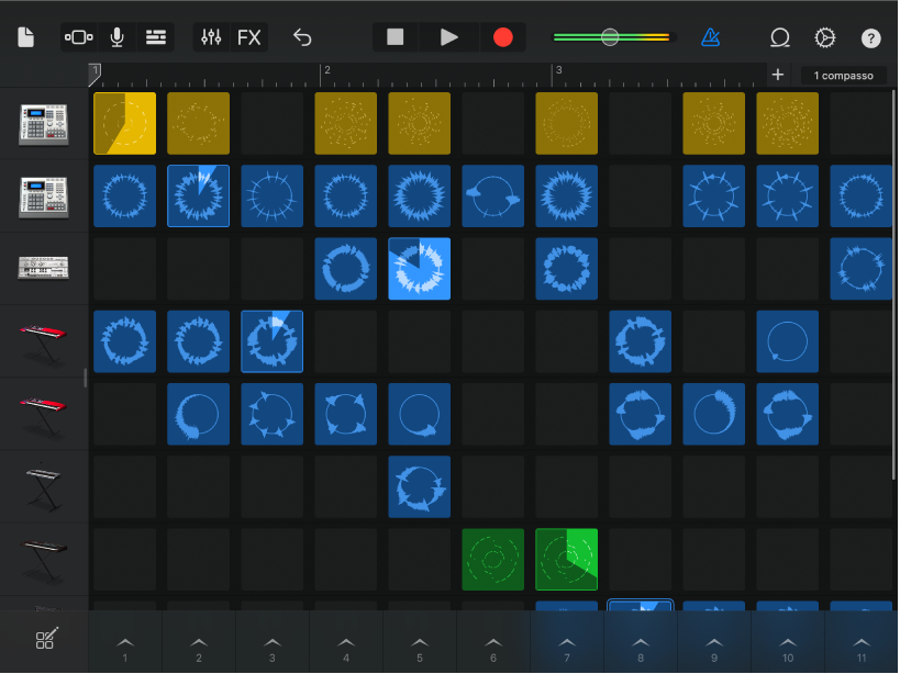 Figura. Quadrícula de Live Loops com células a serem reproduzidas.