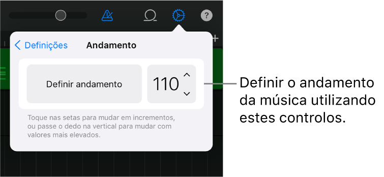 definições da música, incluindo os controlos de andamento