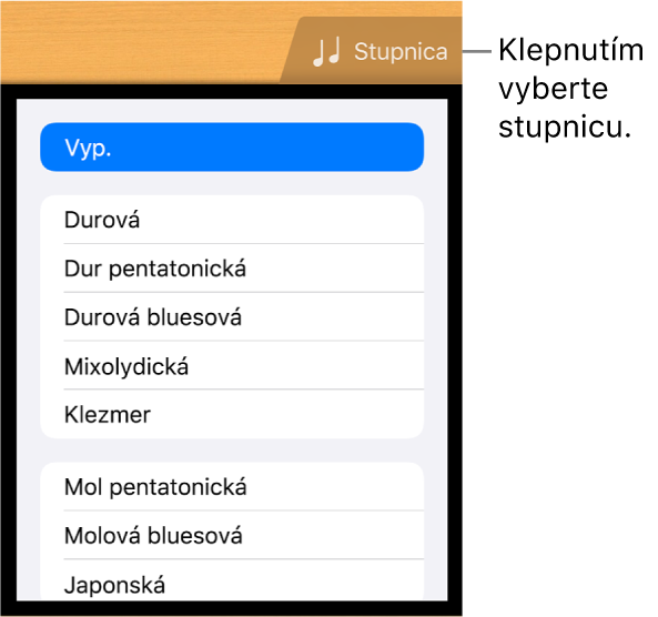 Tlačidlo Stupnica a zoznam stupníc nástroja Gitara