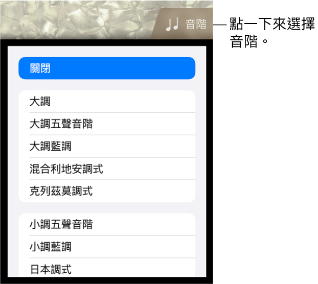 「低音結他音階」按鈕和「音階」列表