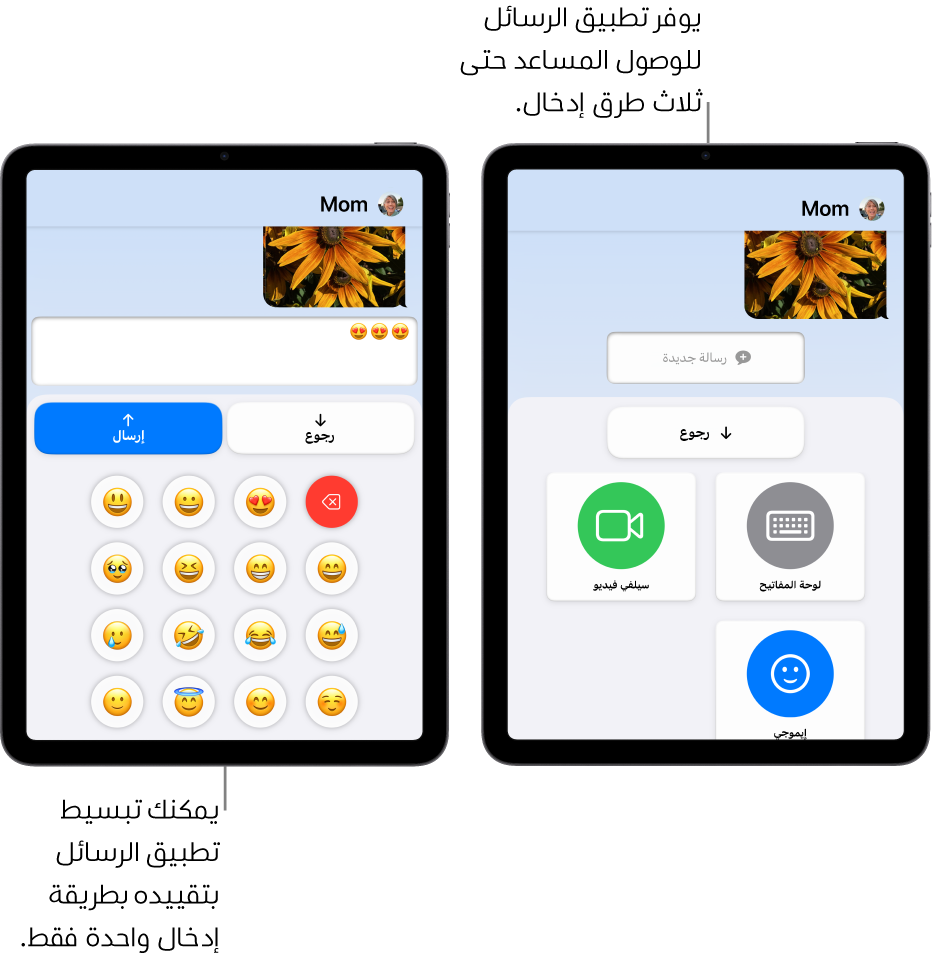 شاشتان لجهازي iPad في الوصول المساعد. يعرض جهاز iPad منهما تطبيق الرسائل وبه أوضاع إدخال يمكن للمستخدم الاختيار منها، مثل لوحة المفاتيح أو سيلفي فيديو. ويعرض الآخر رسالة يتم إرسالها باستخدام لوحة مفاتيح إيموجي فقط.