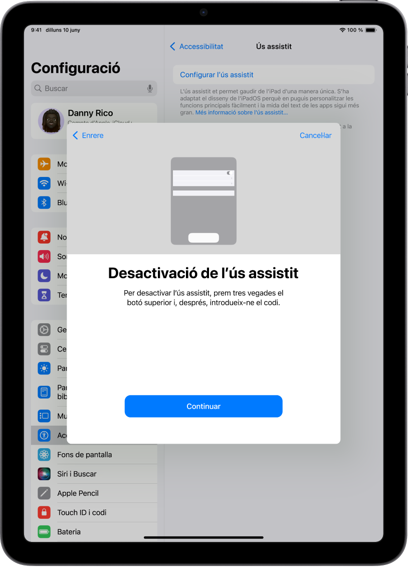 Un iPad amb una pantalla on s’explica com desactivar l’ús assistit.