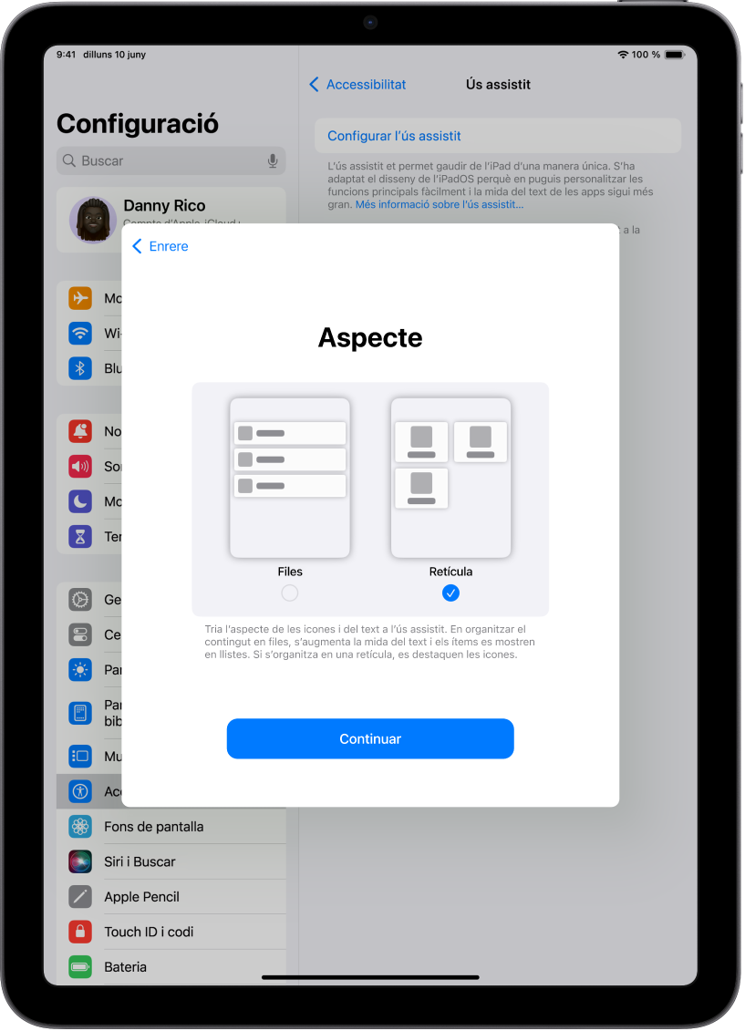 En un iPad en què s’està configurant l’ús assistit es mostren opcions per veure els continguts en una llista fàcil de llegir o en una retícula gran que ressalta les imatges i les icones.