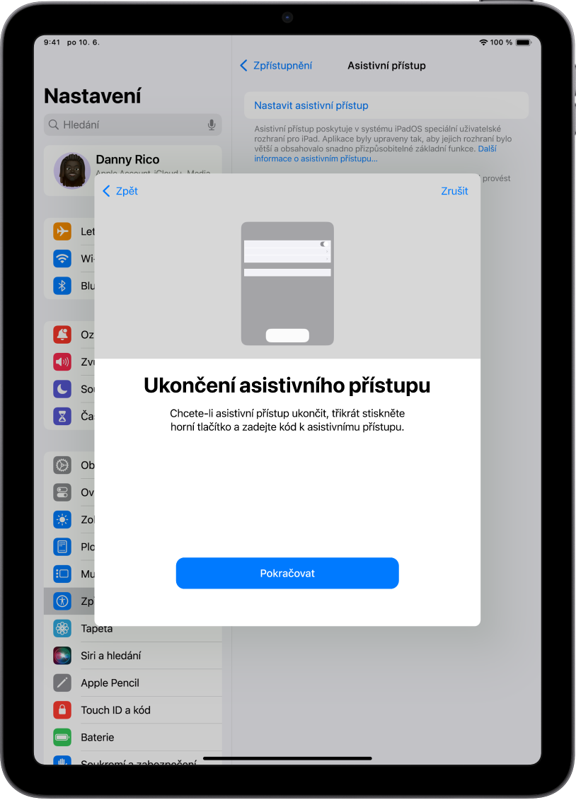Na displeji iPadu jsou zobrazené informace o ukončení asistivního přístupu.