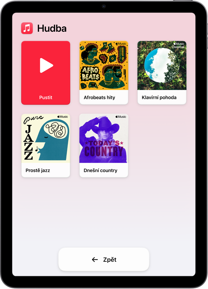 iPad v asistivním přístupu s otevřenou aplikací Hudba. V levém horním rohu displeje je tlačítko Přehrát a u dolního okraje tlačítko Zpět. Zbývající část displeje vyplňuje velká mřížka s playlisty.