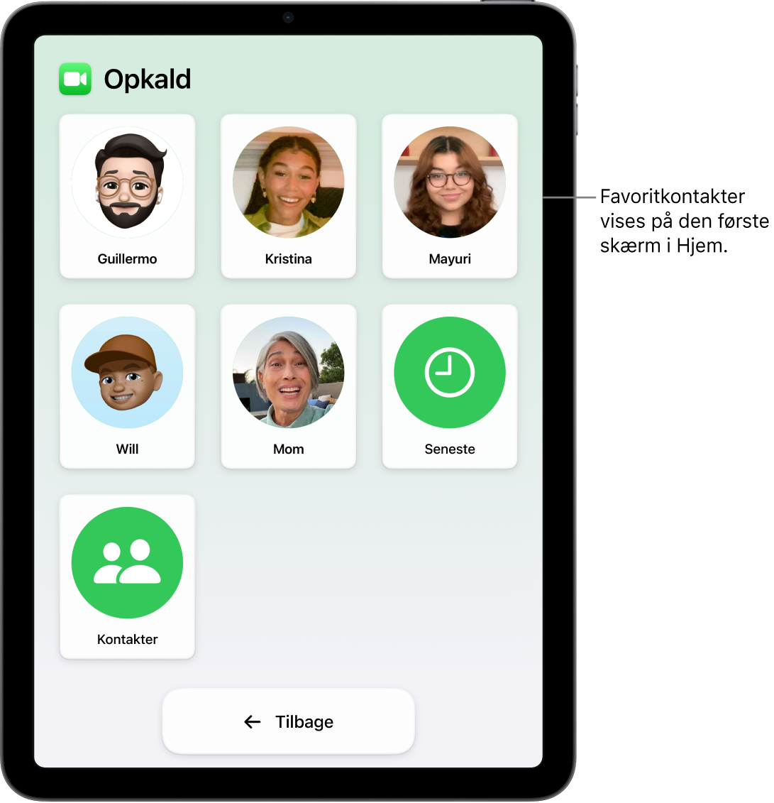 En iPad i Let tilgængelighed med appen Opkald åben, der viser et stort net med kontakters fotos og navne.